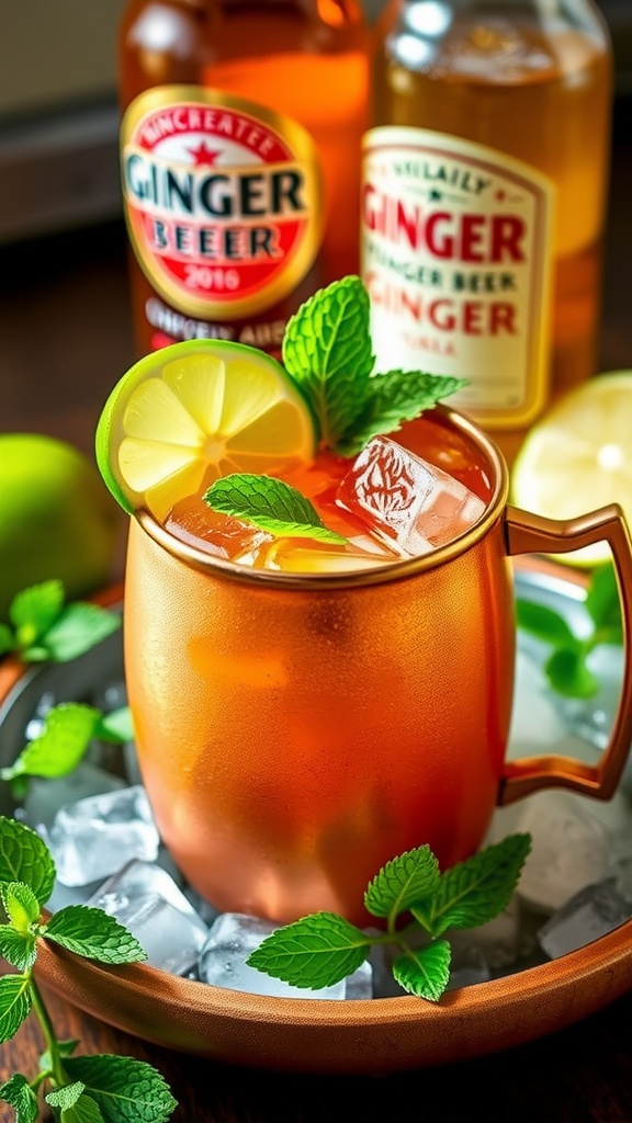 A refreshing Spicy Ginger Tequila Mule in a copper mug with lime and mint, on a bright table.